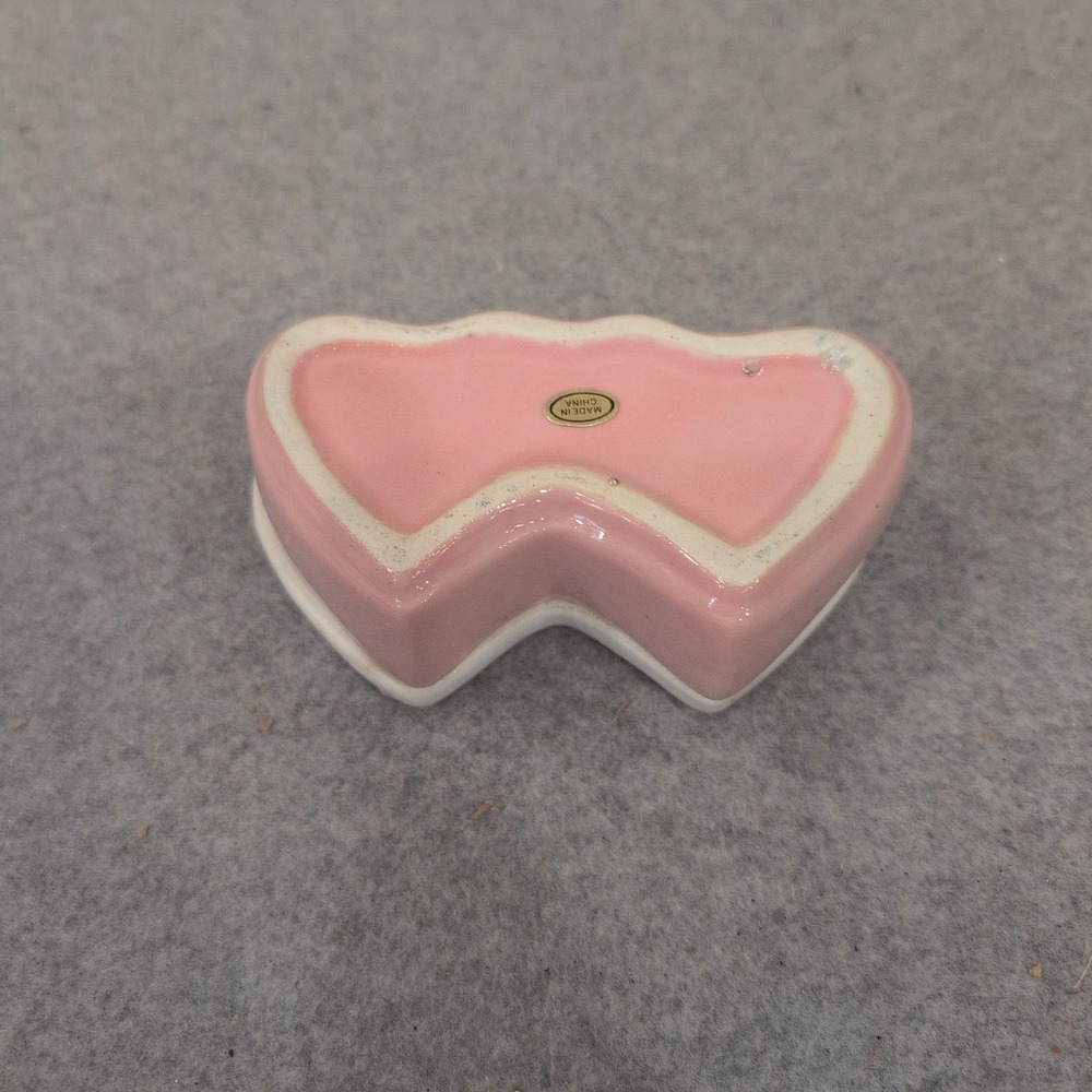 Double Heart Ceramic Trinket Box Pink White Love Sentiment Floral Keepsake - Picture 5 of 5